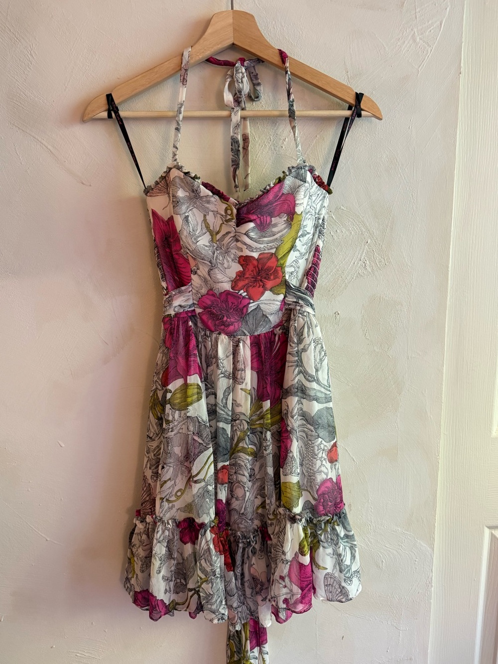 Vintage | Betsey Johnson | Silk Halter Dress Botanical Floral Print | Y2K | Sz 2